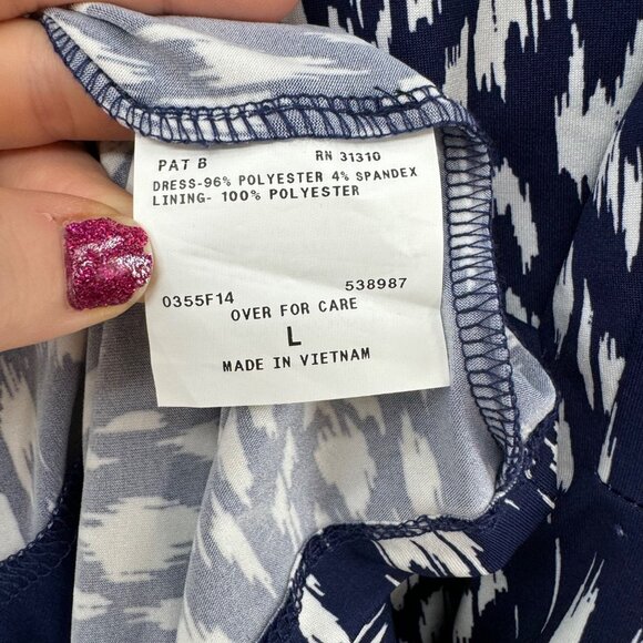 AB Studio Ikat Mini Dress Blue White Sleeveless Lined Stretch Pullover Size L - Picture 7 of 9